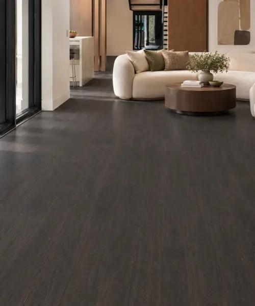 Mocha installed flooring in a furnished daylight interior; accurate product scale visualization (FMoc11)