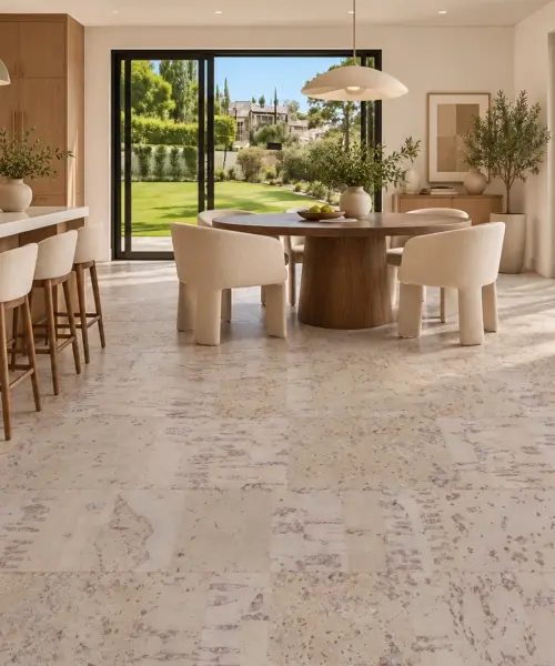 Modular installed flooring in a furnished daylight interior; accurate product scale visualization (FMod11)