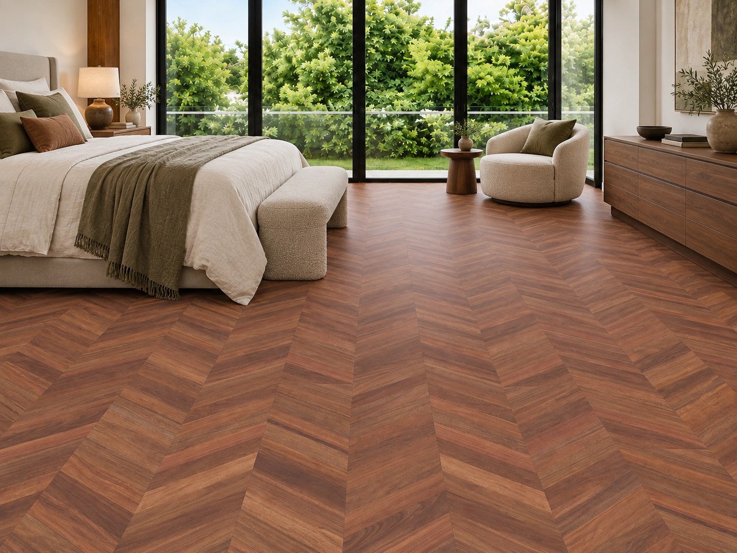Noble Chevron installed flooring in a furnished daylight interior; accurate product scale visualization (FNob11)