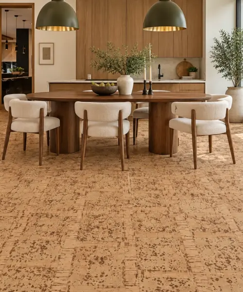 Parcork installed flooring in a furnished daylight interior; accurate product scale visualization (FPar11)