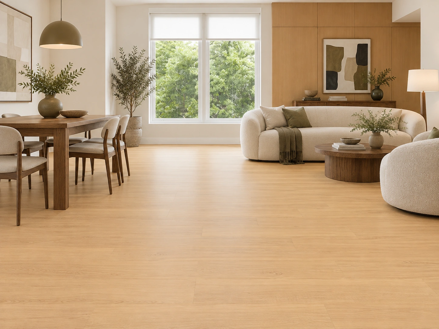 Pinewood 7/16_ (11mm) Swiss Design Cork Floating (FPinwo11) Pinewood 7/16_ (11mm) Swiss Design Cork Floating (FPinwo11) installed flooring in a furnished daylight interior; accurate product scale visualization (FPinwo11)