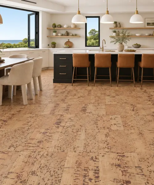 Quadro installed flooring in a furnished daylight interior; accurate product scale visualization (FQua11)