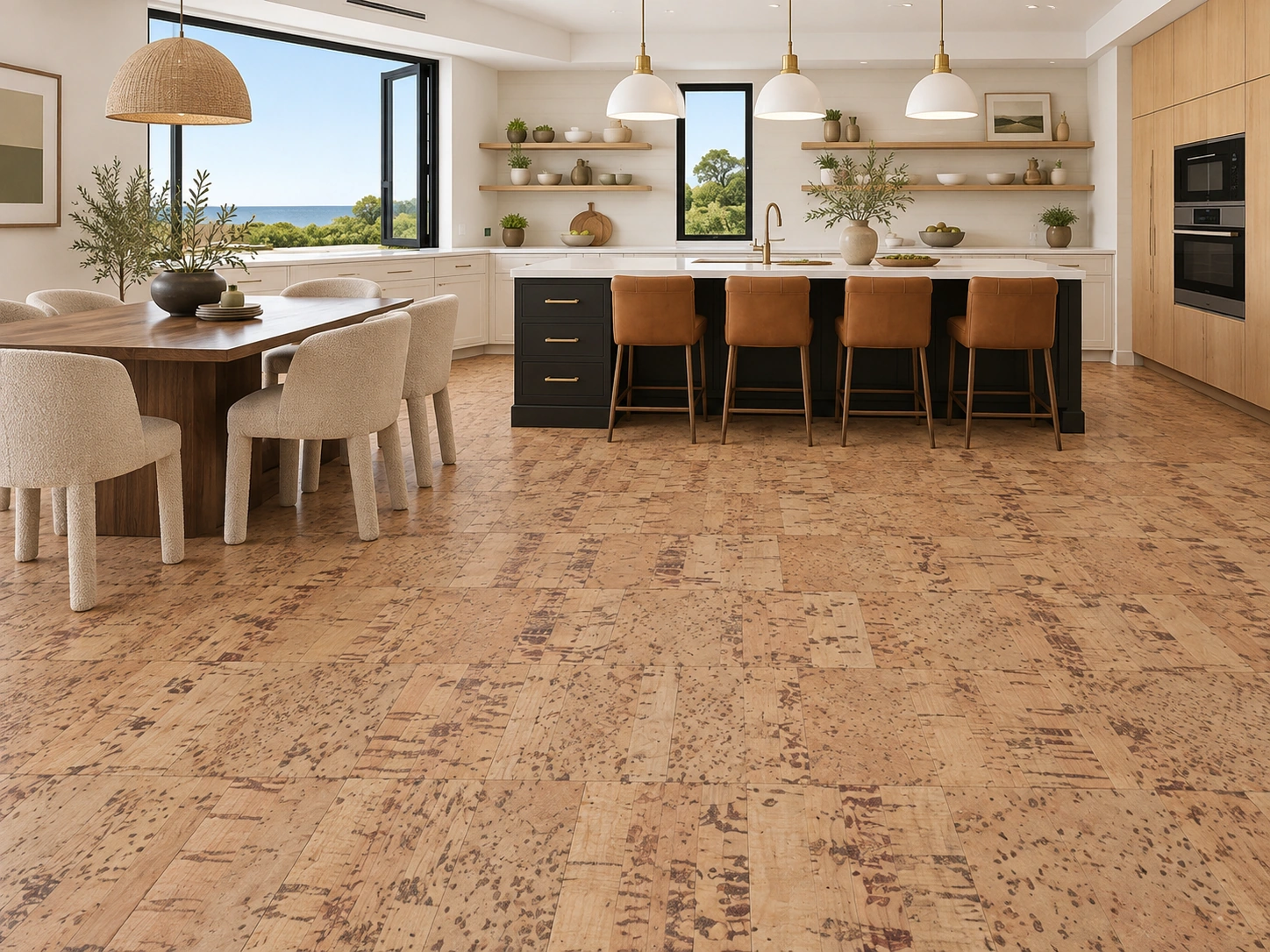 Quadro - 7/16" (11mm) - Swiss Real Cork Floating (FQua11) Quadro installed flooring in a furnished daylight interior; accurate product scale visualization (FQua11)