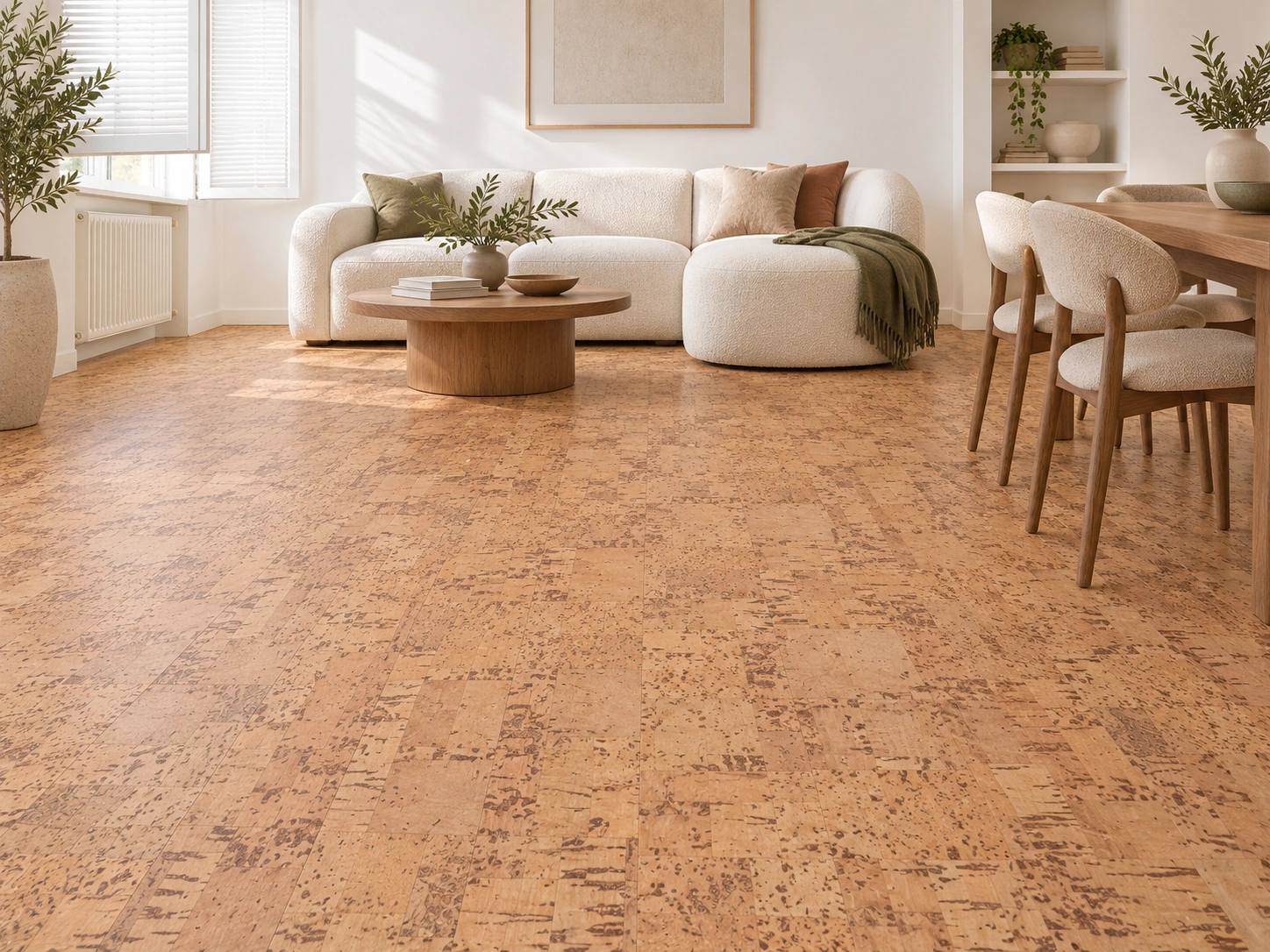 Quadro-B - 7/16” (11mm) - Swiss Real Cork Floating (FQuaB11) Quadro-B installed flooring in a furnished daylight interior; accurate product scale visualization (FQuaB11)