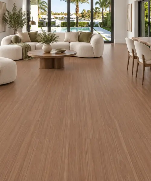 American Red Oak installed flooring in a furnished daylight interior; accurate product scale visualization (FRed11)