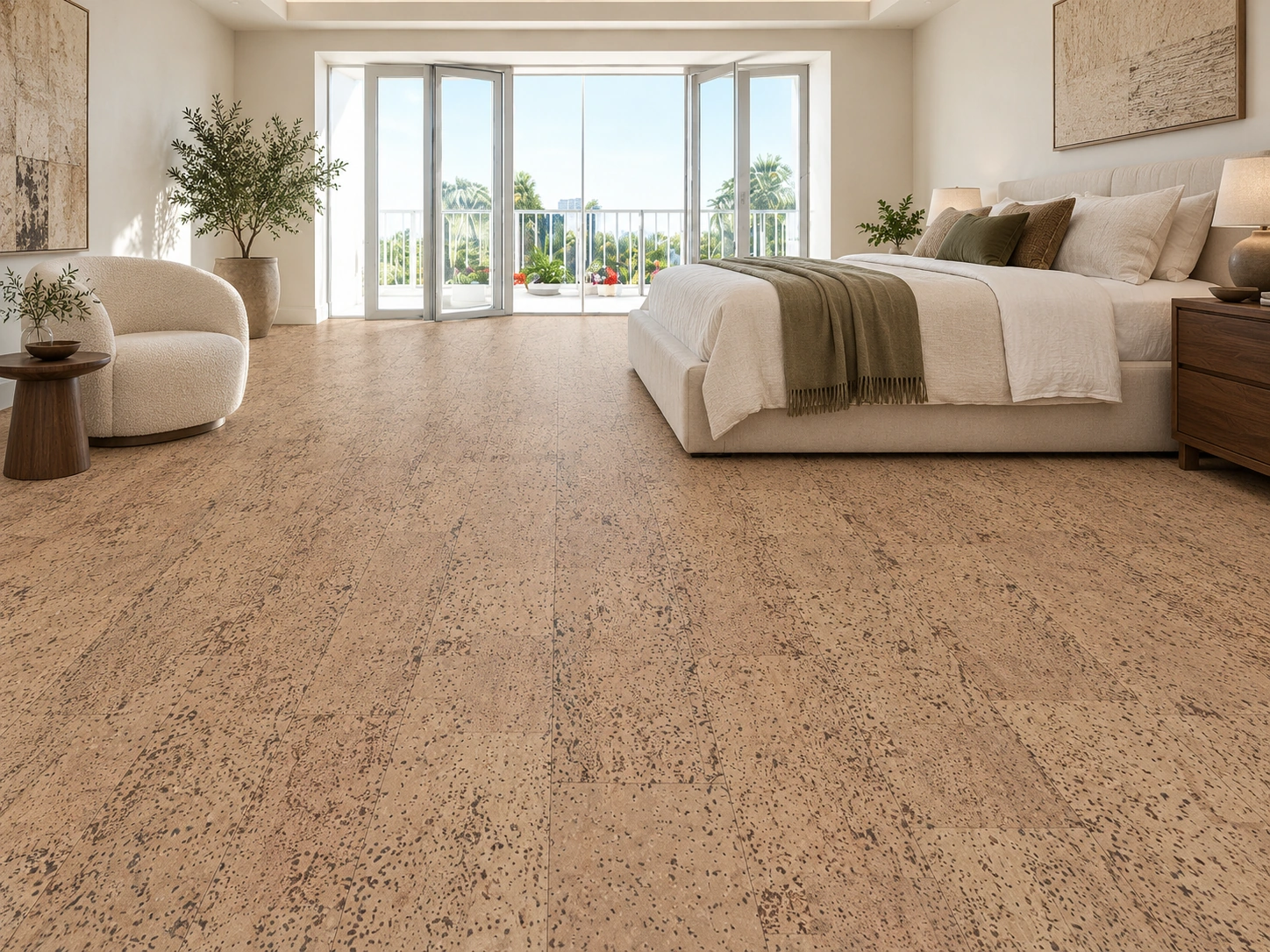 Rhythm – 7/16″ (11mm) – Swiss Real Cork Floating (FRhy11) Rhythm installed flooring in a furnished daylight interior; accurate product scale visualization (FRhy11)