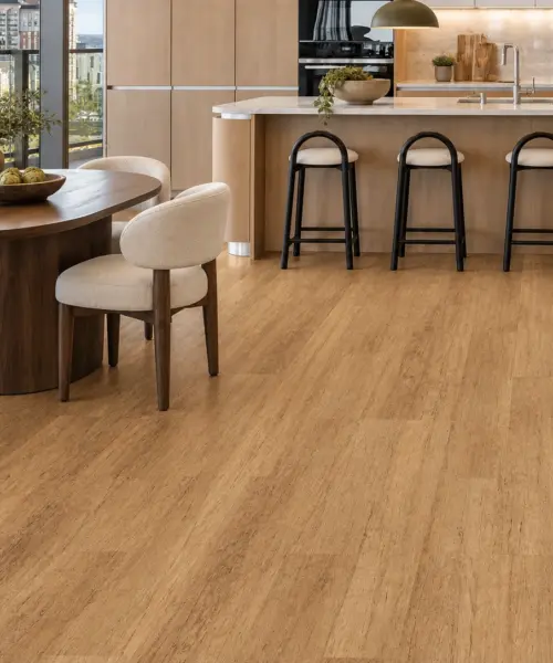 Spanish Cedar installed flooring in a furnished daylight interior; accurate product scale visualization (FSC10.5)