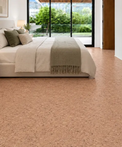 Seaside installed flooring in a furnished daylight interior; accurate product scale visualization (FSea11)