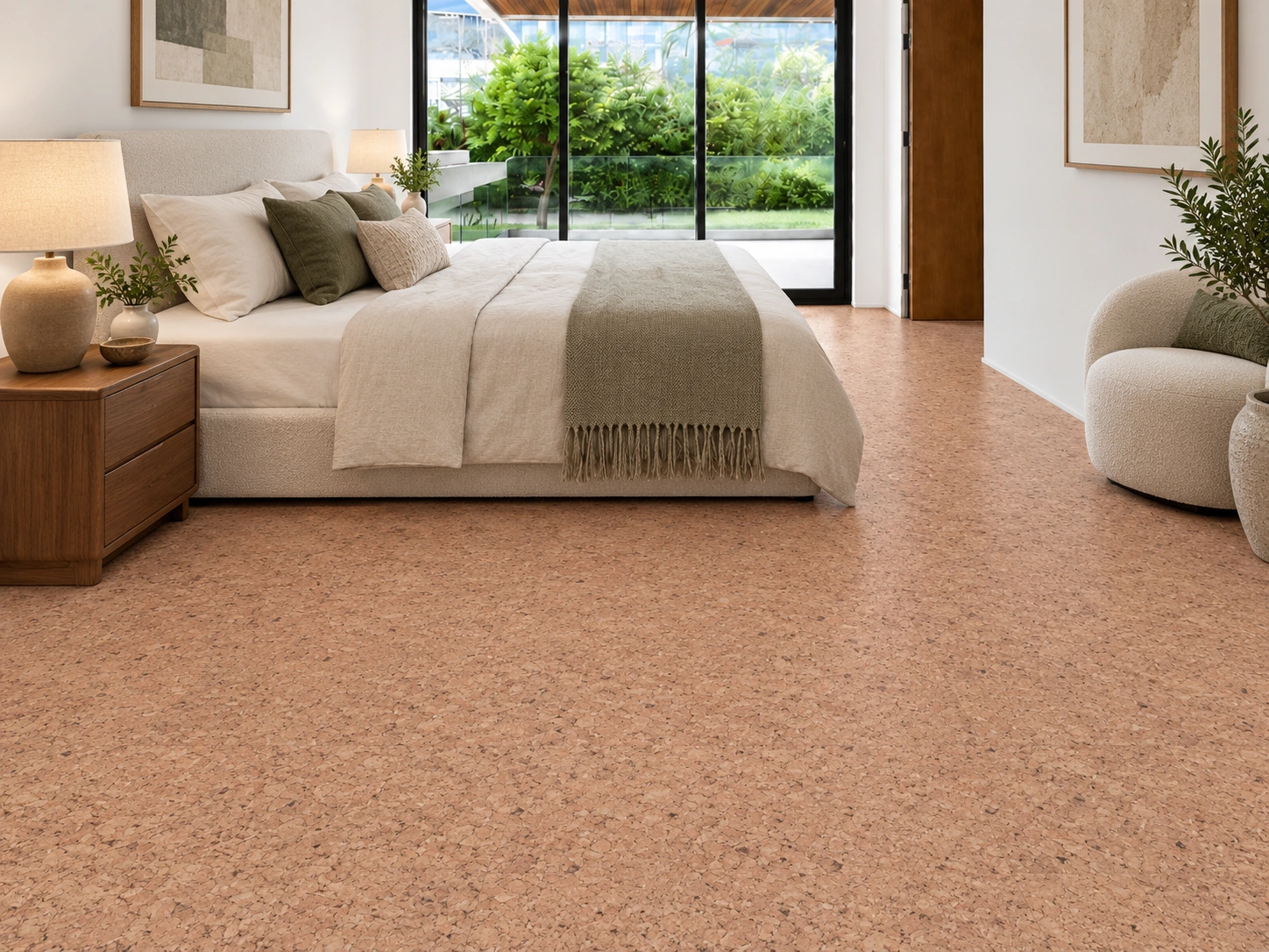 Seaside installed flooring in a furnished daylight interior; accurate product scale visualization (FSea11)