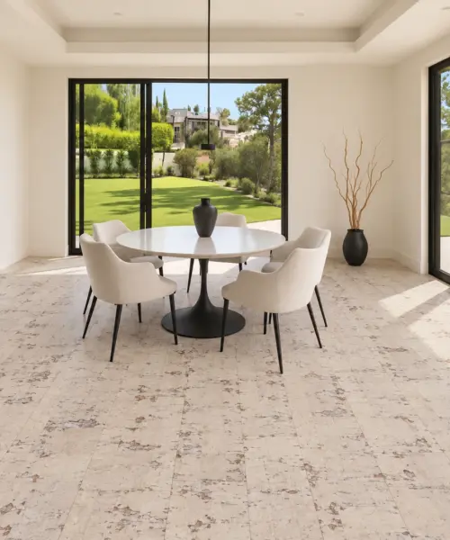 Stratum installed flooring in a furnished daylight interior; accurate product scale visualization (FStra11)