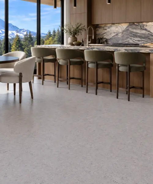 Sustainazzo installed flooring in a furnished daylight interior; accurate product scale visualization (FSus10)
