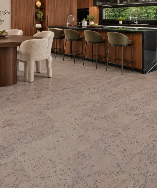 Travertine installed flooring in a furnished daylight interior; accurate product scale visualization (FTrav11)