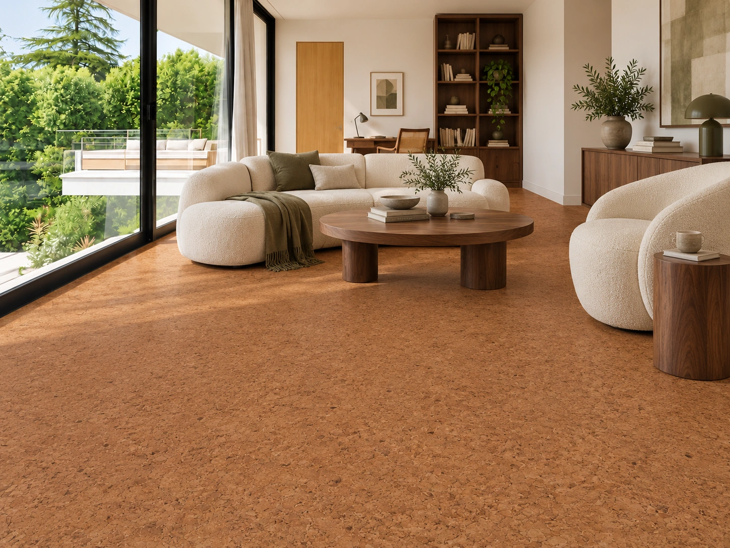 Venetian - 25/64" (10mm) - Cork Floating (FVen10) Venetian installed flooring in a furnished daylight interior; accurate product scale visualization (FVen10)