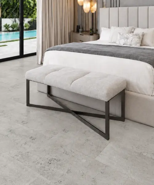 Warm Stone installed flooring in a furnished daylight interior; accurate product scale visualization (FWmSt11)