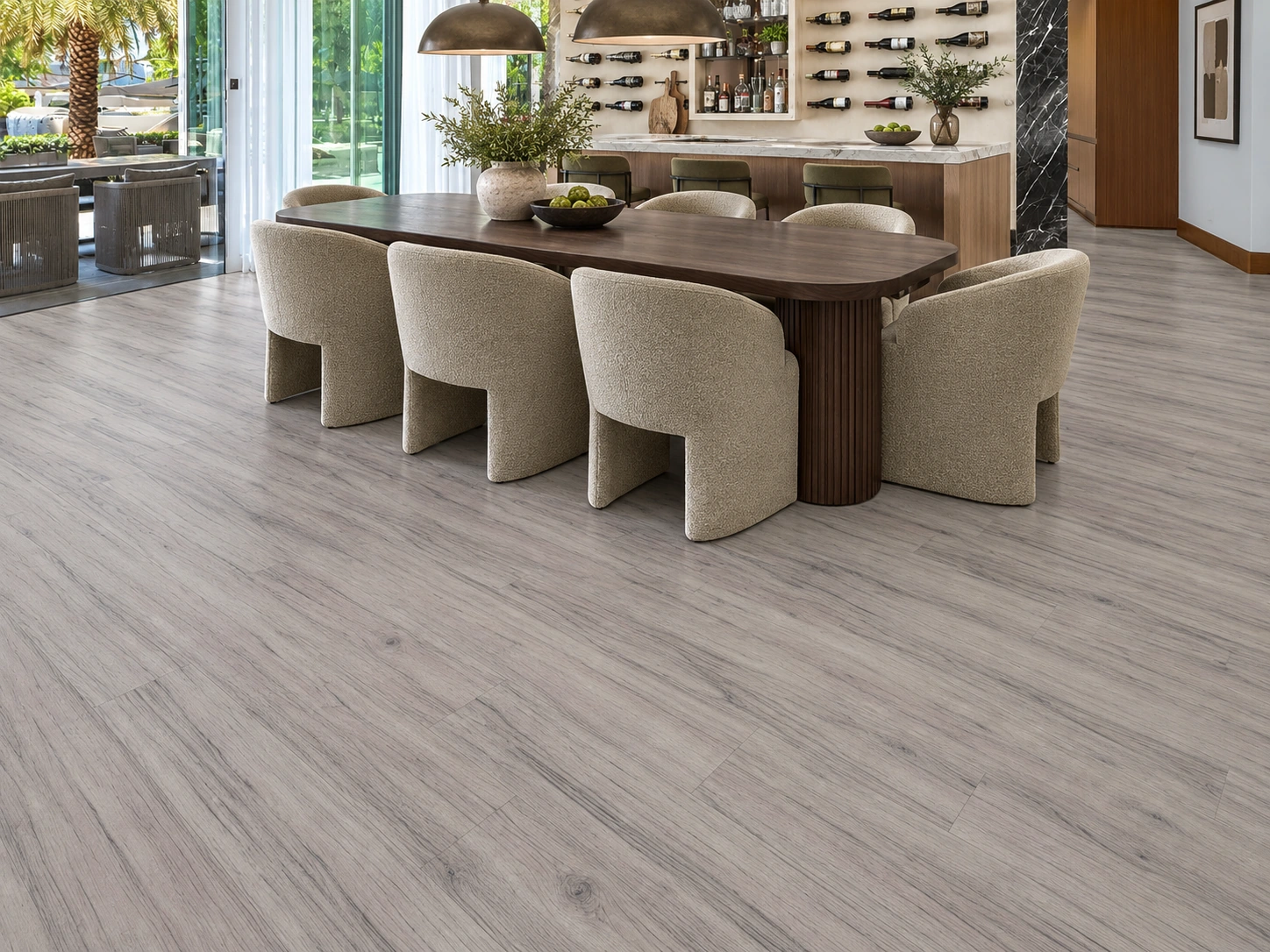 Wild Oak installed flooring in a furnished daylight interior; accurate product scale visualization (FWO10.5)