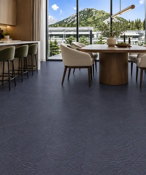 Black Buffalo installed flooring in a furnished daylight interior; accurate product scale visualization (LBkBuf10.5)