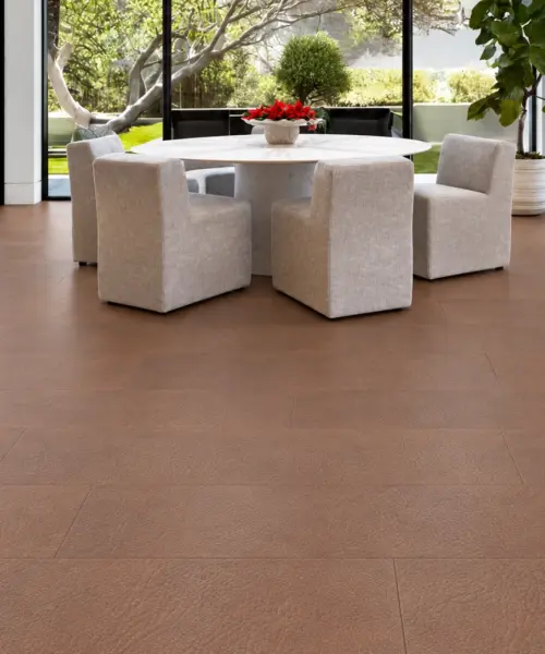 Cocoa installed flooring in a furnished daylight interior; accurate product scale visualization (LCoc9.5)