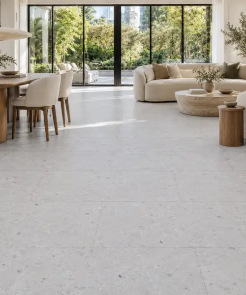 Matera Blend -19/64" (7.5mm) installed flooring in a furnished daylight interior; accurate product scale visualization (MMatBd7.5)