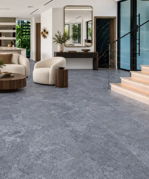 Midnight Slate installed flooring in a furnished daylight interior; accurate product scale visualization (MMidS7.5)