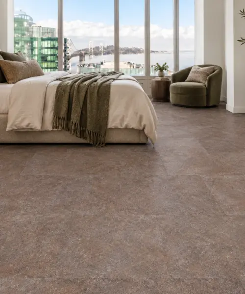 Sunlit Stone installed flooring in a furnished daylight interior; accurate product scale visualization (MSunSt7.5)