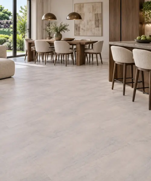 Ivory Concrete installed flooring in a furnished daylight interior; accurate product scale visualization (NICon9.5)