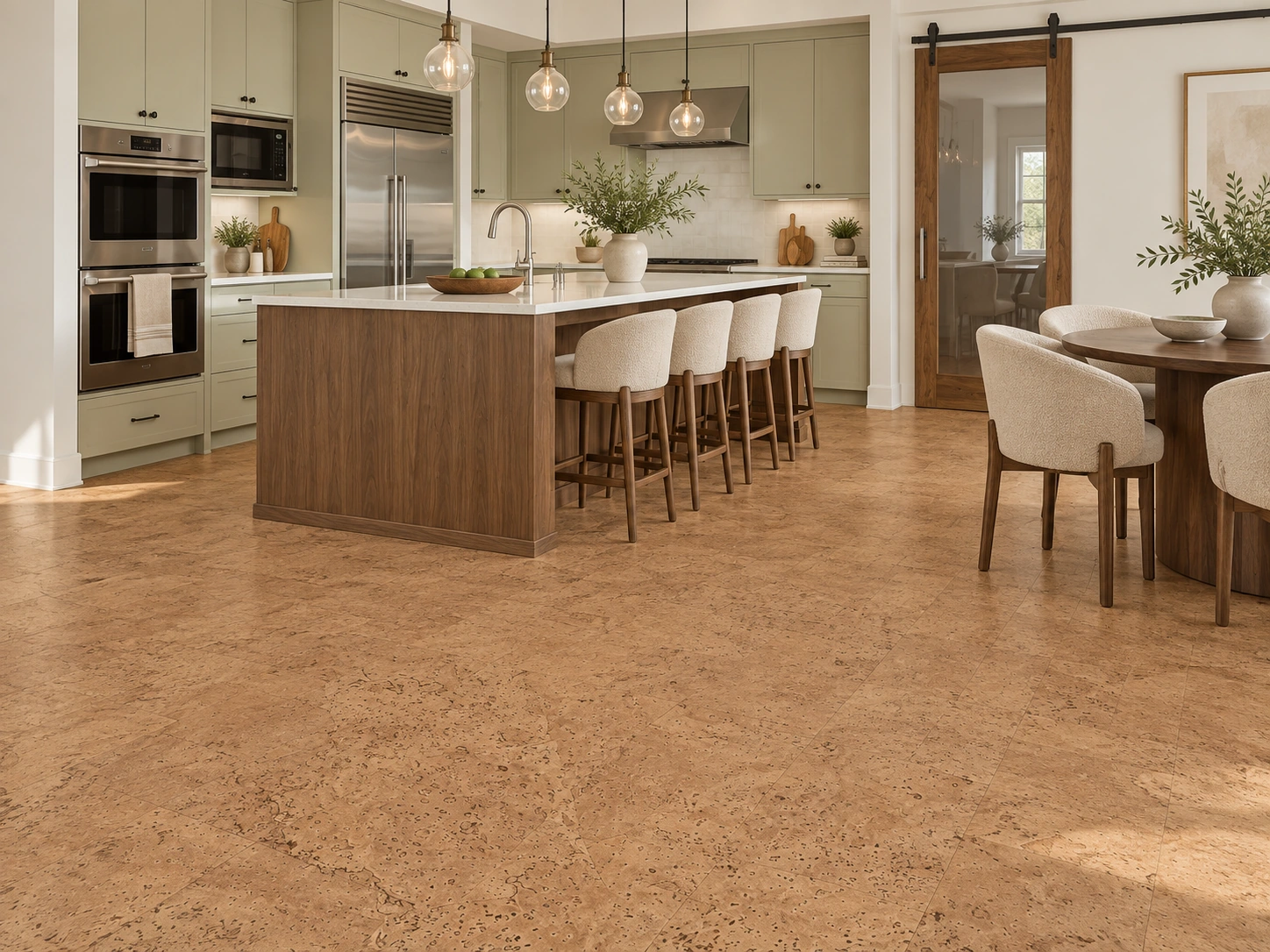 Logan - 1/4" (6mm) - Cork Glue Down Tile (GLo6) Logan installed flooring in a furnished daylight interior; accurate product scale visualization (PF3101VNN-6.0)