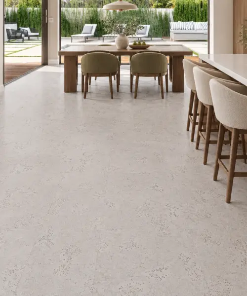 Creme Royale Marble installed flooring in a furnished daylight interior; accurate product scale visualization (PF3319WWC-8.0)