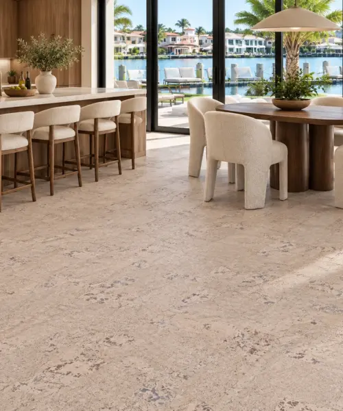 Ceramic Marble installed flooring in a furnished daylight interior; accurate product scale visualization (PF3323VCN-6.0)