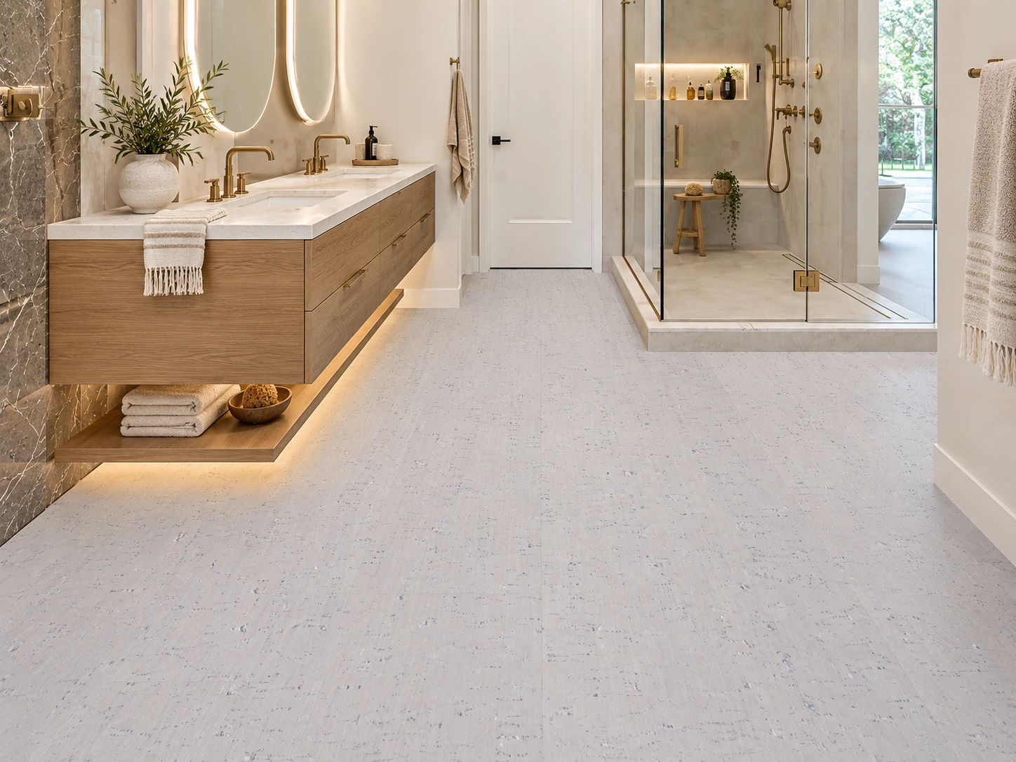White Bamboo installed flooring in a furnished daylight interior; accurate product scale visualization (PF3378VWN-6.0)