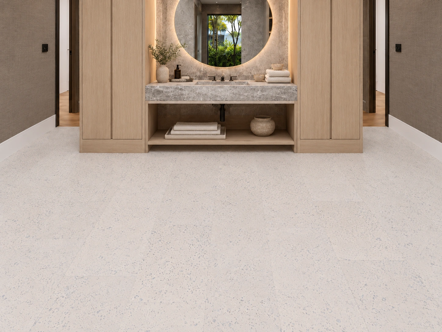 White Leather - 1/4" (6mm) - Cork Glue Down Tile (GWL6) White Leather installed flooring in a furnished daylight interior; accurate product scale visualization (PF3384VWN-6.0)
