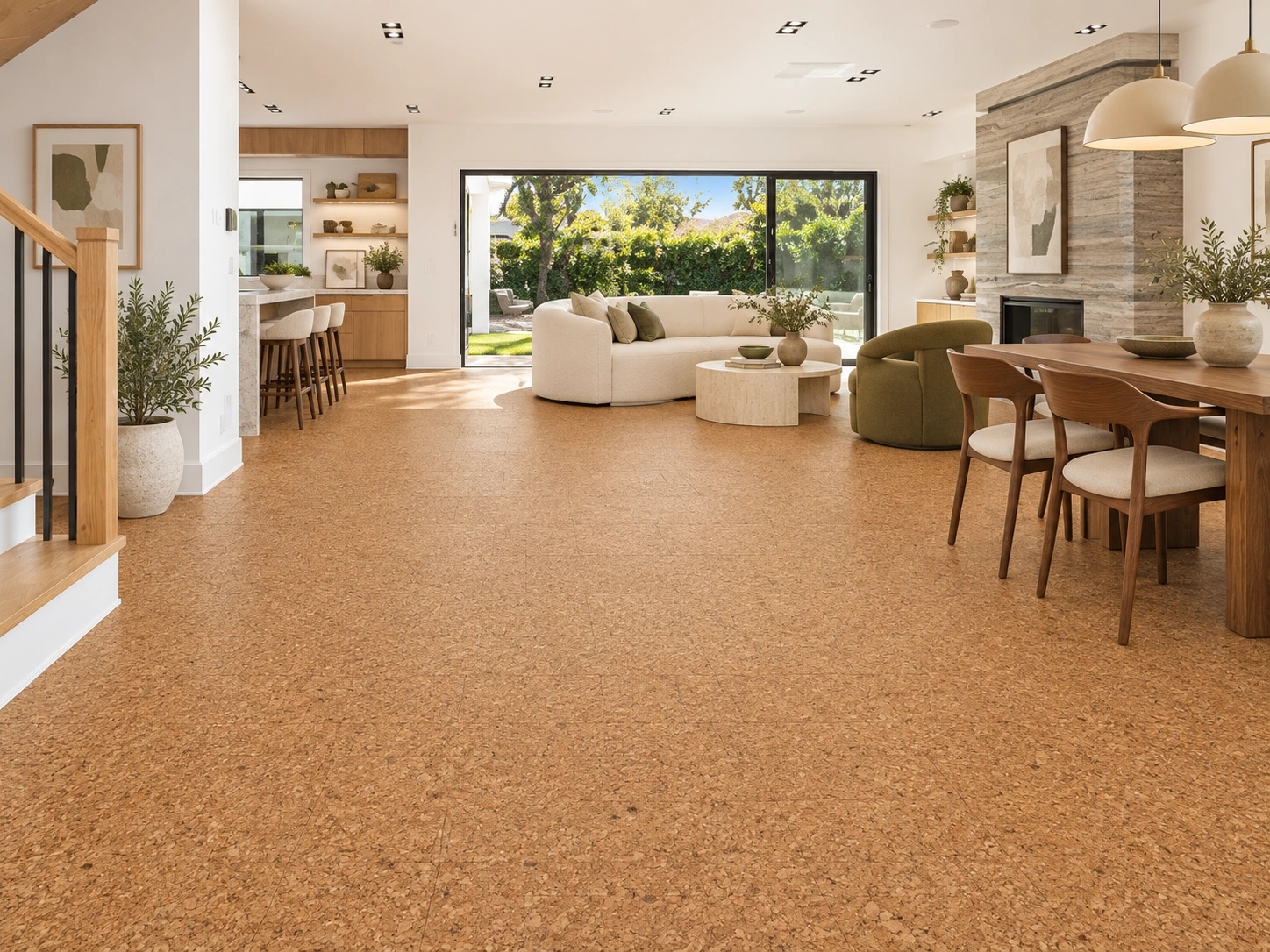 Golden Beach - 1/4" (6mm) - Cork Glue Down Tile (GGo6) Golden Beach installed flooring in a furnished daylight interior; accurate product scale visualization (PF3390VNN-6.0)