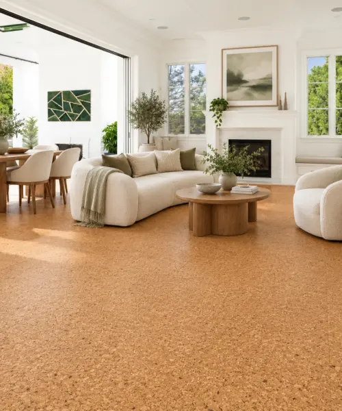 Golden Beach installed flooring in a furnished daylight interior; accurate product scale visualization (PF3390VNN-8.0)