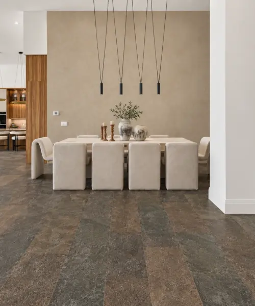 Gold Mica Slate installed flooring in a furnished daylight interior; accurate product scale visualization (RGMS11)