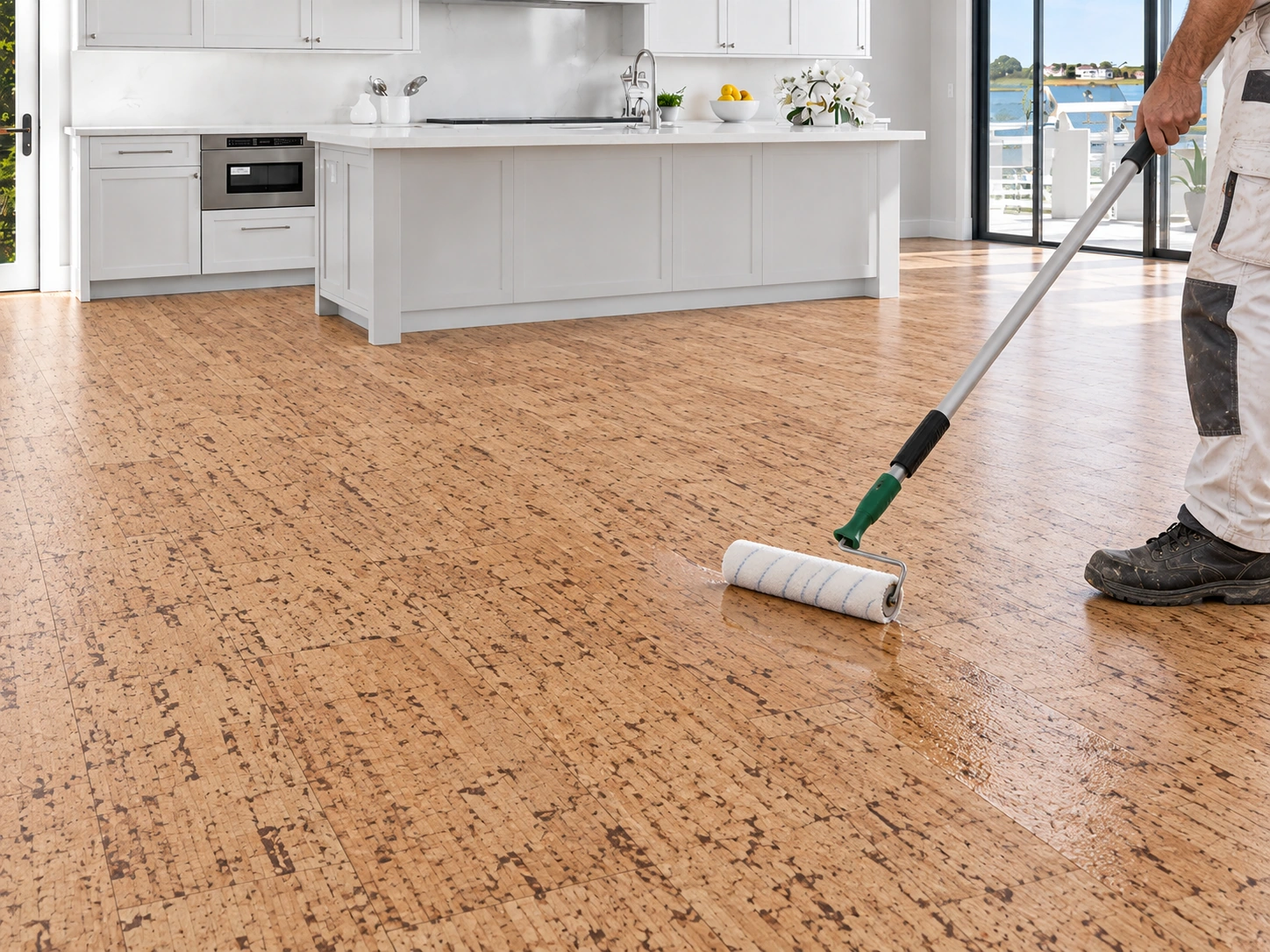 5kg Loba 2K Supra A.T. kit: 4.55kg finish + 0.45kg hardener roller-applied as a clear finish to installed cork flooring in a daylight interior; application visualization