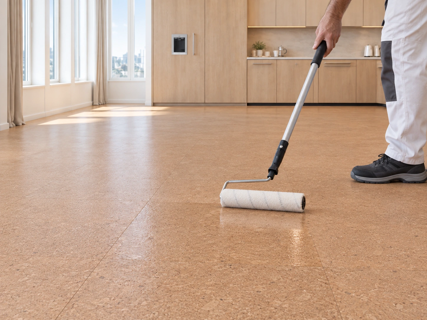 1 litre STEP Kurklak 1K 6450 Mat Transparant roller-applied as a clear finish to installed cork flooring in a daylight interior; application visualization