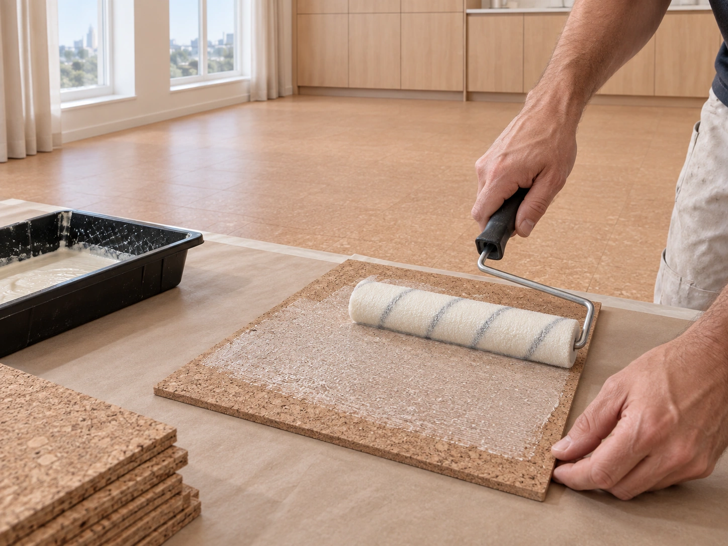 Wakol D 3540 Gallon - Base Layer Contact Cement (WakolG) 1 US gallon original Wakol D3540 pack roller-applied to cork tile backing in a daylight interior; application visualization