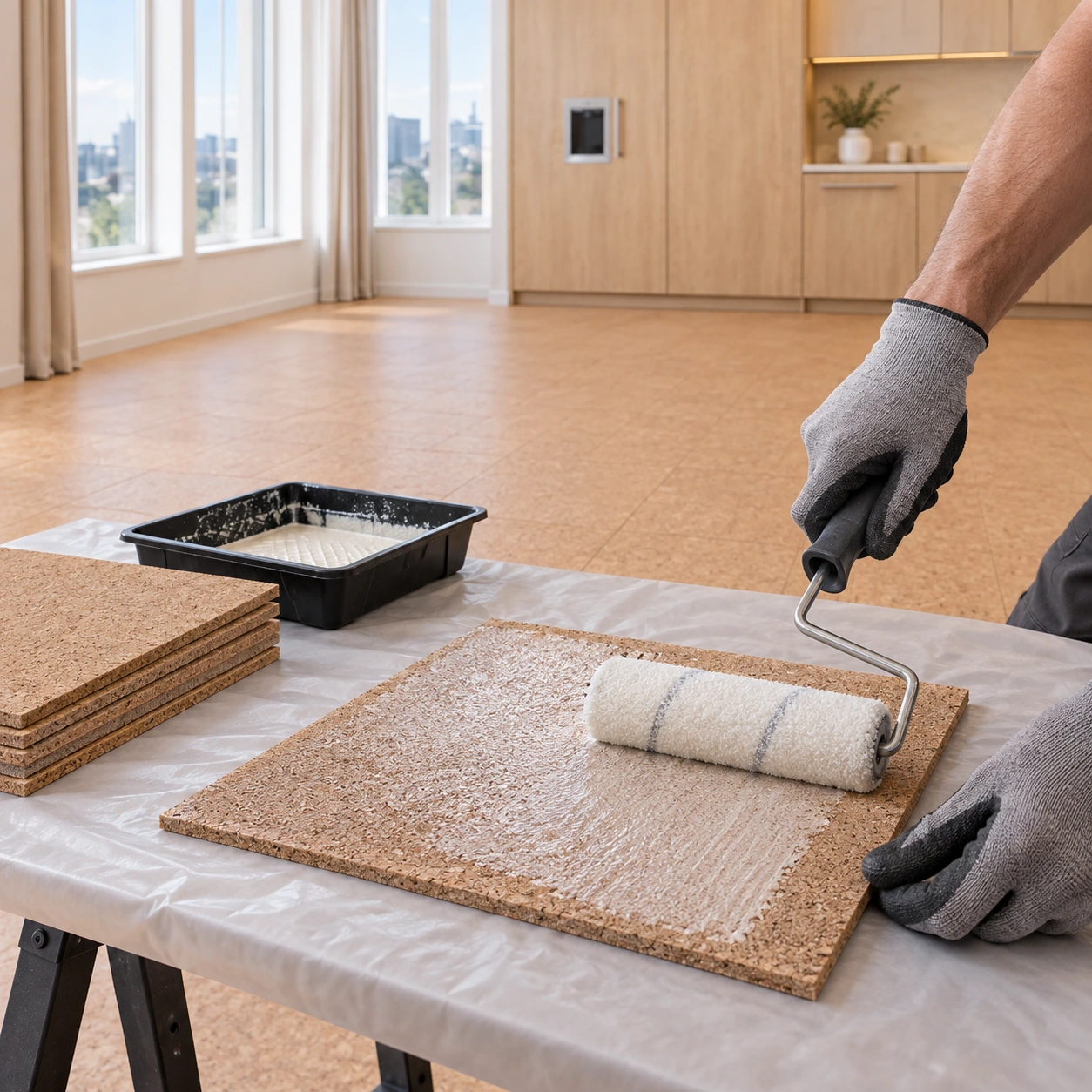 0.8kg original Wakol D3540 pack roller-applied to cork tile backing in a daylight interior; application visualization