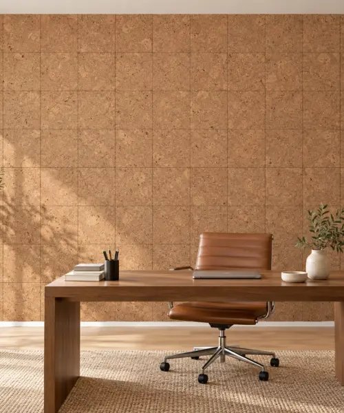 Solara - 1/4" (6mm) - Solid Unfinished Cork Glue Down Tile (GSol6) Solara cork wall installed in a furnished interior, product scale visualization (GSol6)