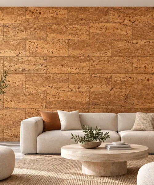 Umber cork wall installed in a furnished interior, product scale visualization (GUmb6)
