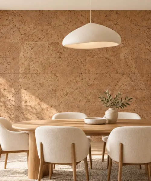 Logan - 5/16" (8mm) - Cork Glue Down Tile (GLo8) Logan cork wall installed in a furnished interior, product scale visualization (PF3101VNN-8.0)