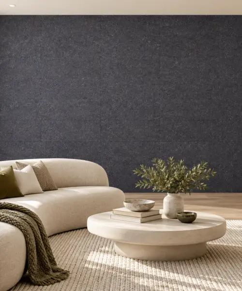 Jet Black cork wall installed in a furnished interior, product scale visualization (PF3209VBE-8.0)