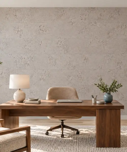 Creme Royale Marble cork wall installed in a furnished interior, product scale visualization (PF3319WWC-8.0)