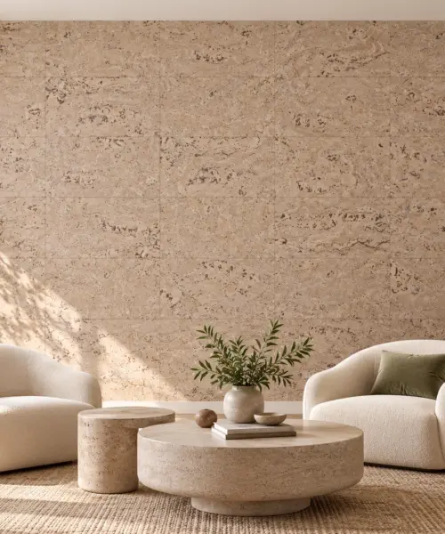 Ceramic Marble cork wall installed in a furnished interior, product scale visualization (PF3323VCN-6.0)