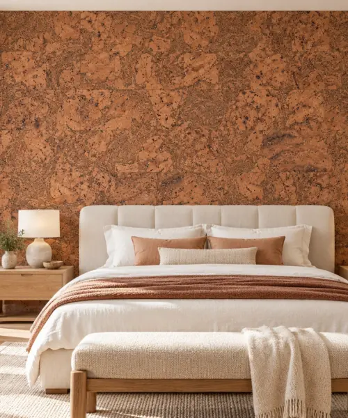 Tasmanian Burl - 1/4" (6mm) - Cork Glue Down Tile (GTBu6) Tasmanian Burl cork wall installed in a furnished interior, product scale visualization (PF3333VML-6.0)