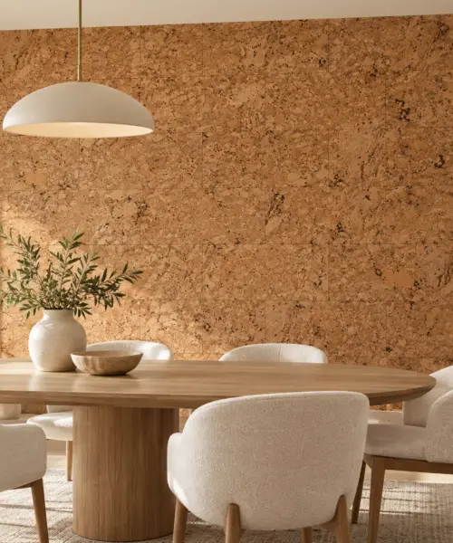 Salami - 1/4" (6mm) - Cork Wall Tile Glue Down (GSal6) Salami cork wall installed in a furnished interior, product scale visualization (PF3344VNN-6.0)