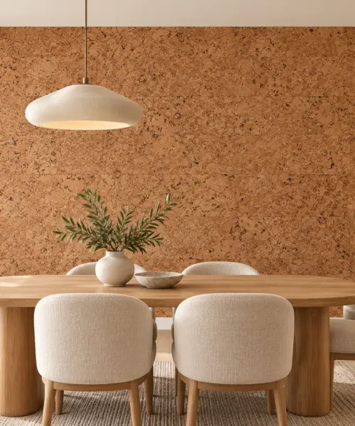 Salami - 5/16" (8mm) - Cork Glue Down Tile (GSal8) Salami cork wall installed in a furnished interior, product scale visualization (PF3344VNN-8.0)
