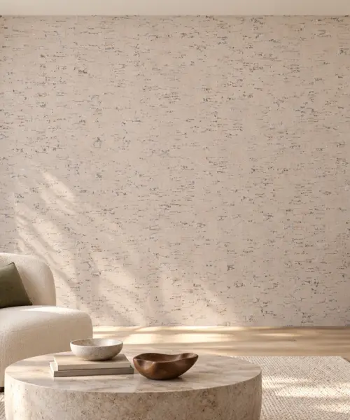 Bleached Birch - 1/4" (6mm) - Cork Glue Down Tile (GBB6) Bleached Birch cork wall installed in a furnished interior, product scale visualization (PF3378VCC-6.0)