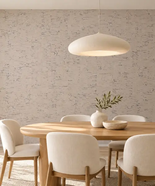 Bleached Birch - 5/16" (8mm) - Cork Glue Down Tile (GBB8) Bleached Birch cork wall installed in a furnished interior, product scale visualization (PF3378VCC-8.0)