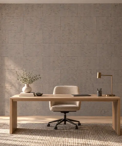 Gray Bamboo - 1/4" (6mm) - Cork Glue Down Tile (GGB6) Gray Bamboo cork wall installed in a furnished interior, product scale visualization (PF3378VZC-6.0)