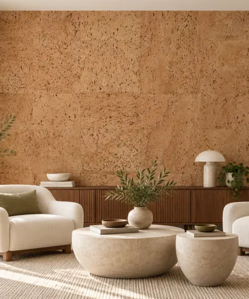 Leather - 1/4" (6mm) - Cork Glue Down Tile (GLe6) Leather cork wall installed in a furnished interior, product scale visualization (PF3384VNN-6.0)